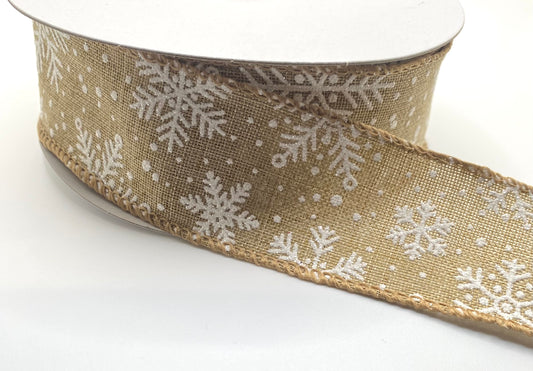 10 Yards - 1.5” Wired Natural and White Glitter Snowflake Ribbon