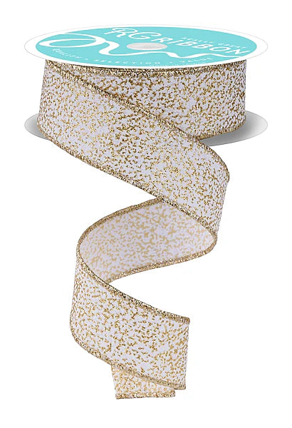 Wired White and Gold Irregular Spotted Glitter Ribbon- 1.5”x10 Yards