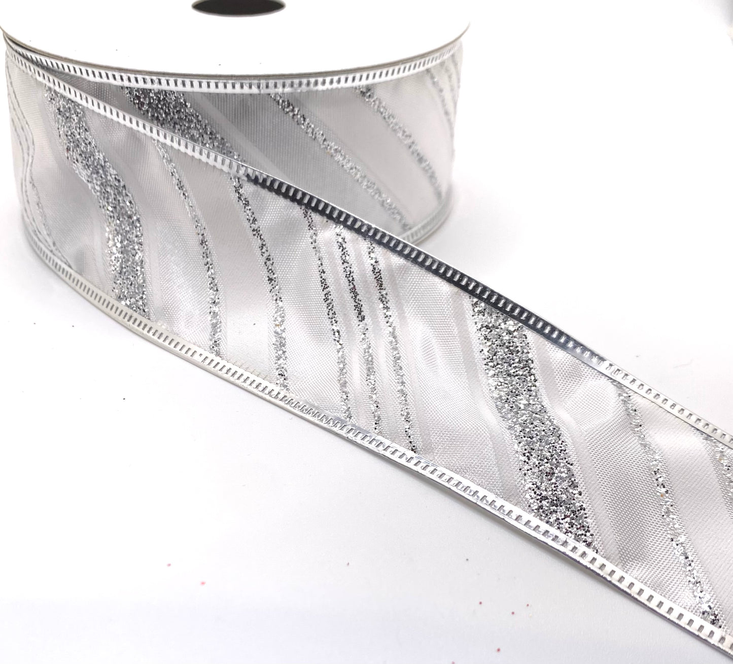 10 Yards - 1.5” Wired Satin White and Silver Metallic Silver Glitter Ribbon