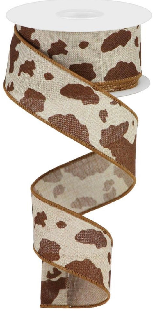 10 Yards - 1.5” Dark Brown and Natural Cow Print Ribbon