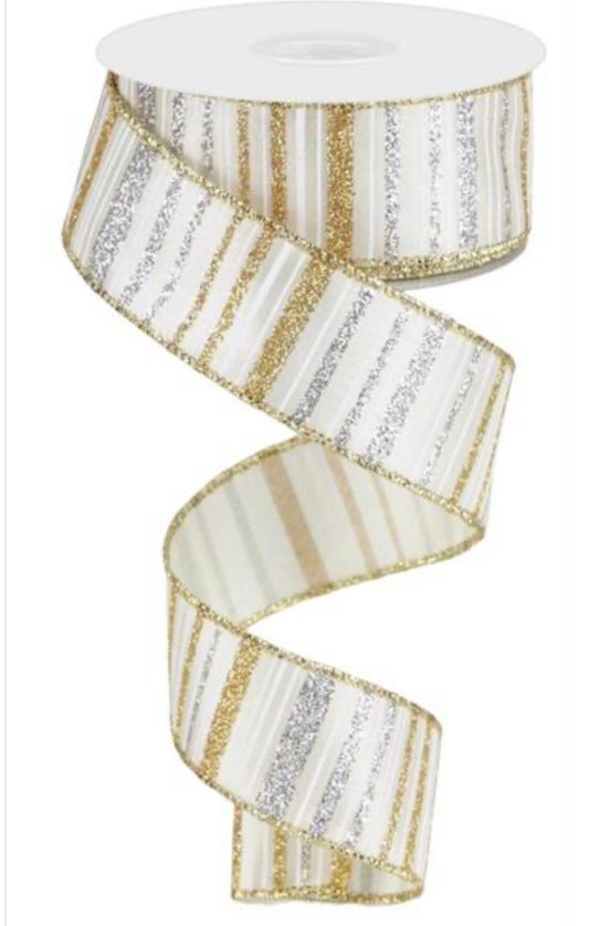 10 Yards - 1.5" Wired White, Gold, and Silver Glitter Stripe Ribbon