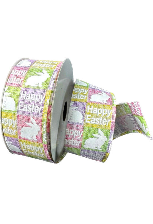10 Yards - 1.5” Wired Pastel Check Happy Easter Bunny Ribbon