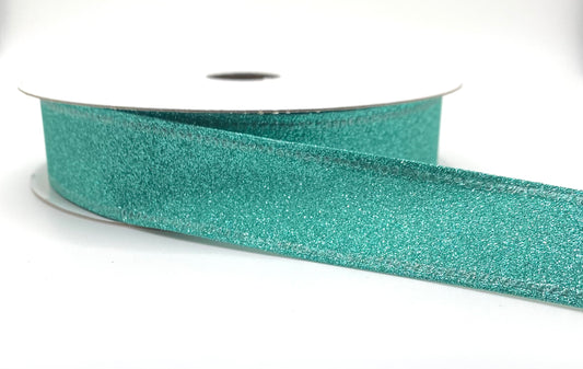 10 Yards - 7/8" Wired Aqua All Flat Glitter Ribbon