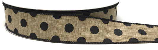 50 Yards - 1.5” Wired Natural Background with Black Polka Dots Ribbon