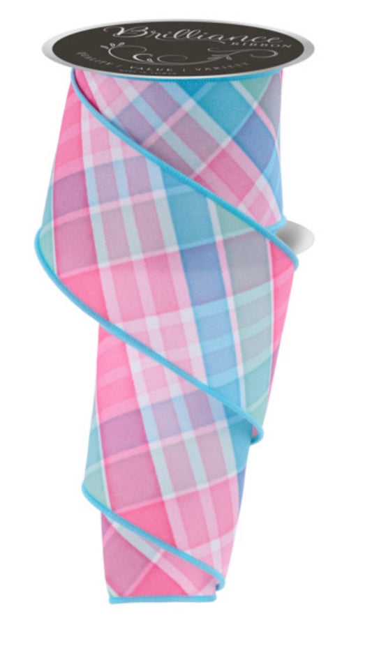 Wired Pink, Blue, and White Plaid Ribbon- 2.5”x10 Yards