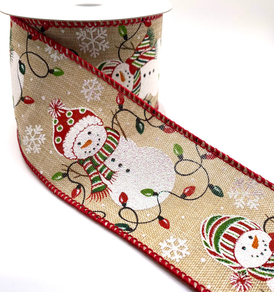 10 Yards - 2.5” Wired Natural Linen Snowmen Snowflakes Lights Ribbon
