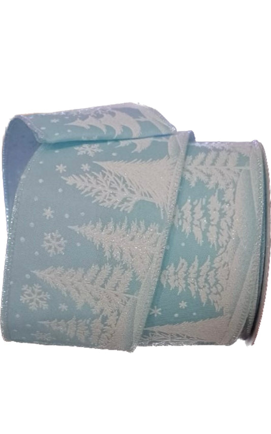 Wired White Winter Trees on Light Blue Ribbon-2.5”x10 Yards
