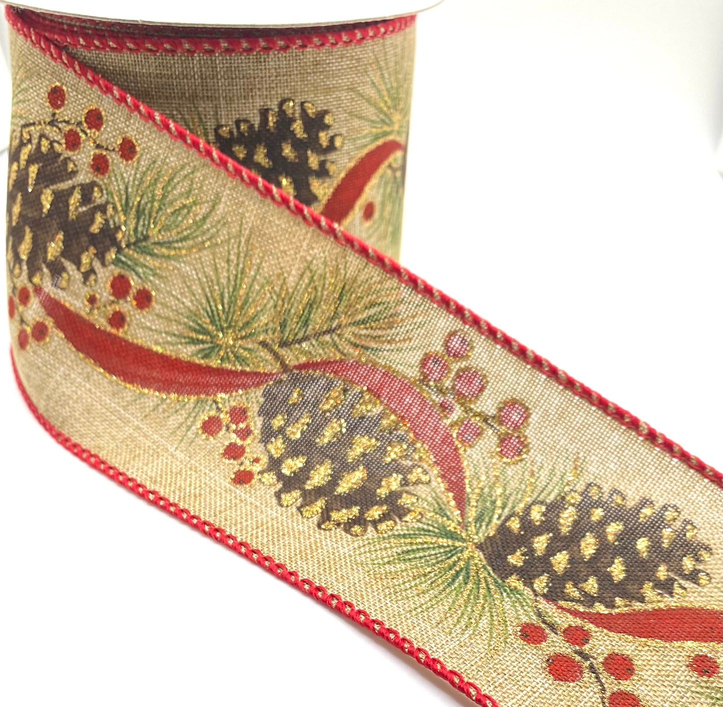 10 Yards - 2.5” Wired Natural Linen Pine Cones and Berries Ribbon