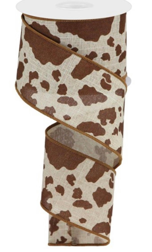 10 Yards - 2.5" Wired Brown and Natural Cow Print Ribbon