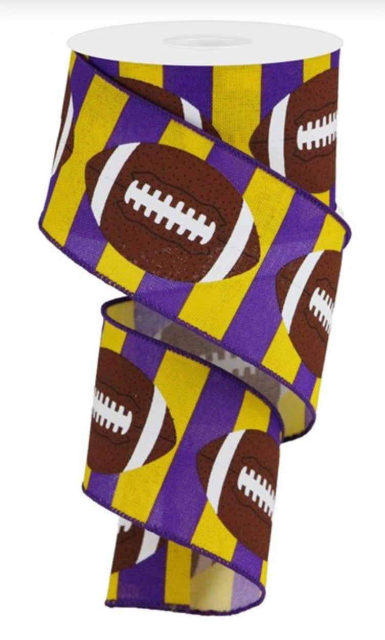 10 Yards - 2.5” Wired Yellow with Purple Stripes Football Ribbon