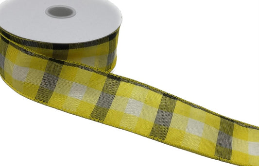 10 Yards - 1.5” Wired Yellow, Black, and White Check Ribbon