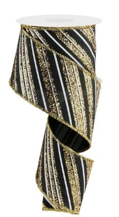 Wired Black White Gold Glitter Diagonal Stripe Ribbon- 2.5”x10 Yards