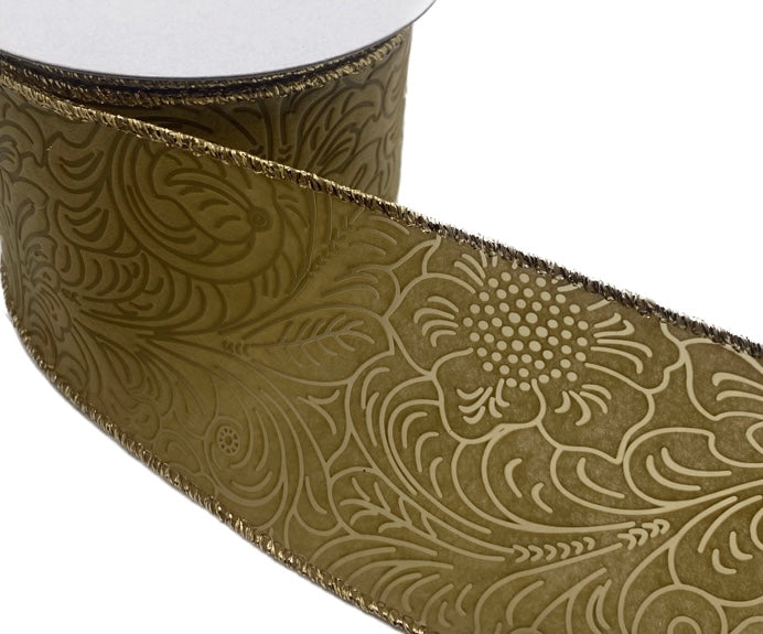 10 Yards - 2.5” Wired Tan Metallic Edge Floral Embossed Ribbon