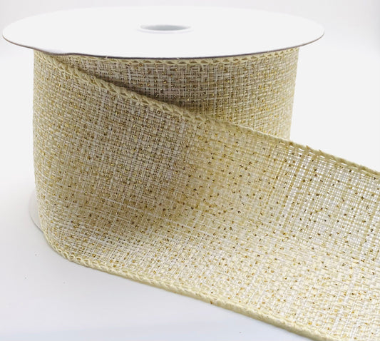 10 Yards - 2.5” Wired Ivory Gold Metallic Tweed Ribbon