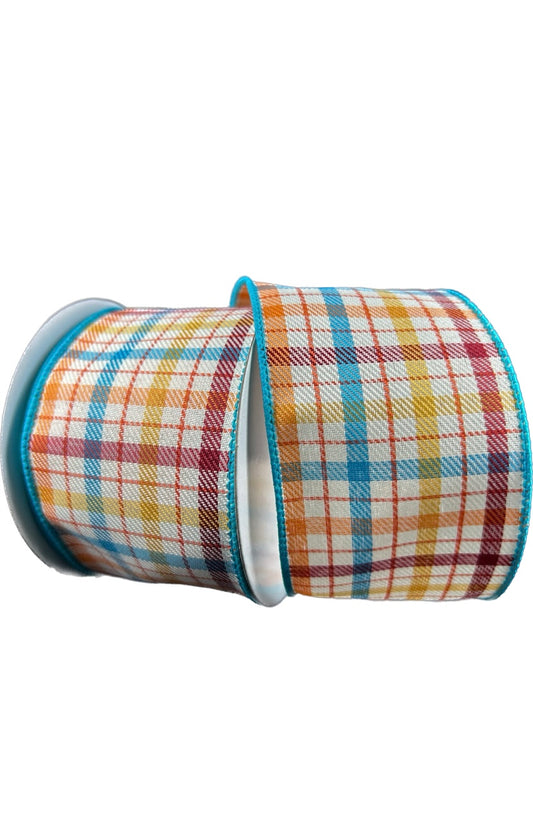 Wired Cream Teal Orange Gilmore  Plaid Ribbon-2.5”x10 Yards