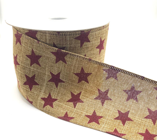 10 Yards - 2.5” Wired Natural with Burgundy Stars Ribbon