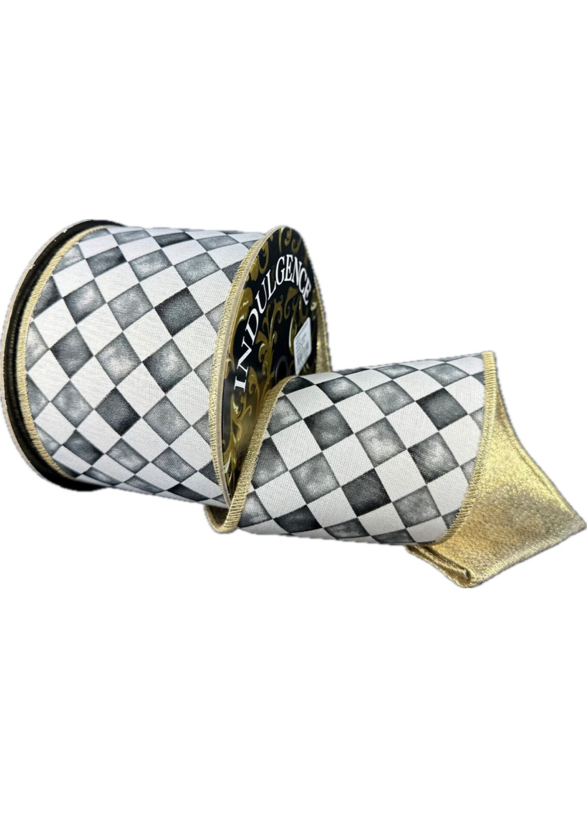 Wired Black Watercolor Square Harry Check Gold Metallic Back Ribbon- 4”x5 Yards