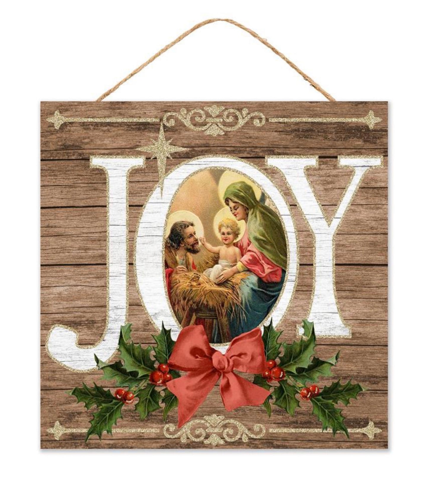 10” Square Holy Family Joy Christmas Wreath Sign with Glitter Accent