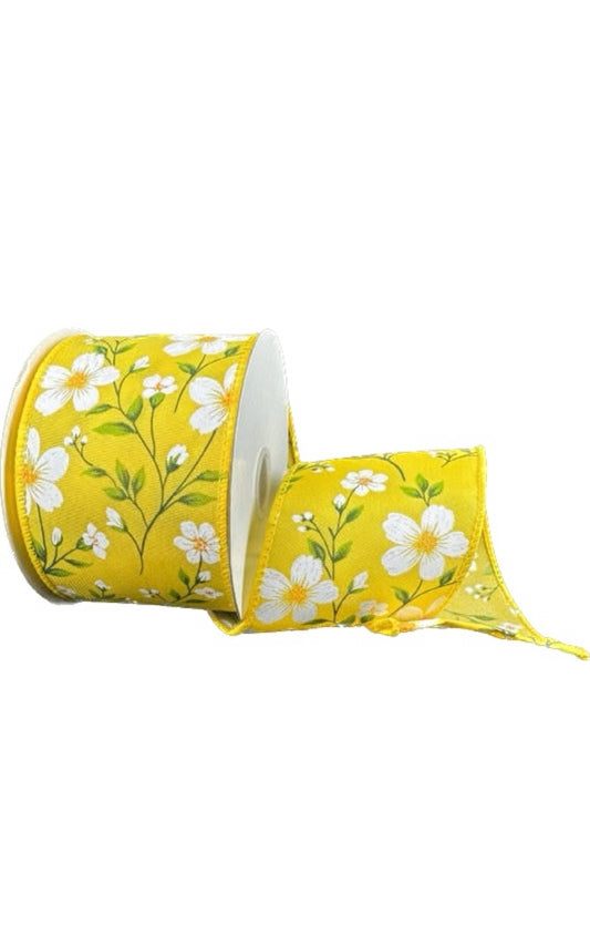 Wired Yellow Satin White Flaxseed Flower Ribbon-2.5”x10 Yards