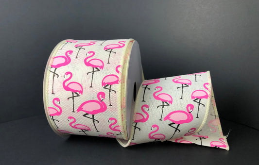 10 Yards - 2.5” Wired Cream Background Pink Flamingo