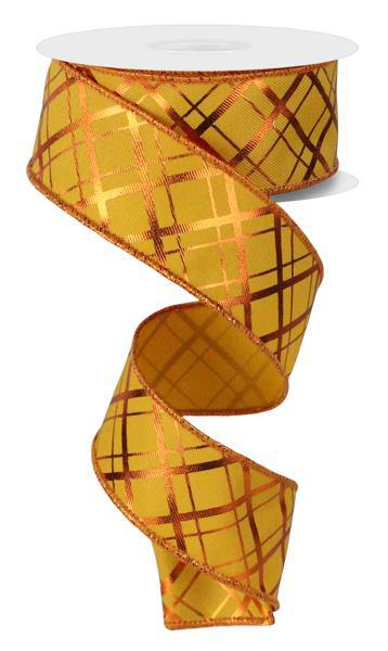 10 Yards - 1.5” Wired Dark Yellow and Copper Diagonal Lines Metallic Ribbon