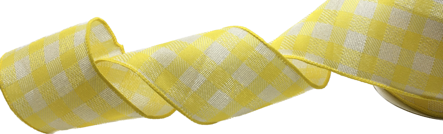 10 Yards - 2.5” Wired Yellow and White Gingham Ribbon