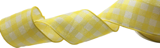 10 Yards - 2.5” Wired Yellow and White Gingham Ribbon