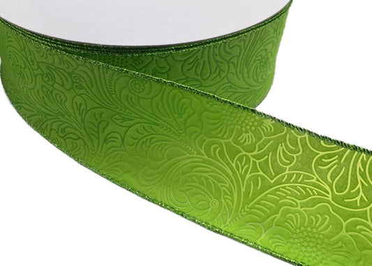 50 Yards - 2.5" Wired Lime Green Floral Design Embossed Ribbon