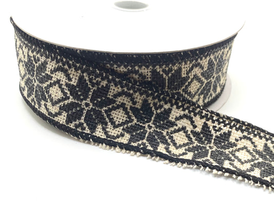 10 Yards - 1.5” Wired White and Black Rustic Poinsettias Ribbon