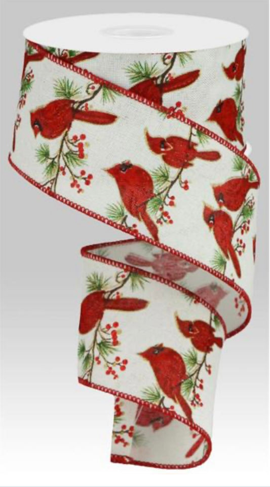 10 Yards - 2.5” Wired Cardinal on Pine Berry Branch Ribbon