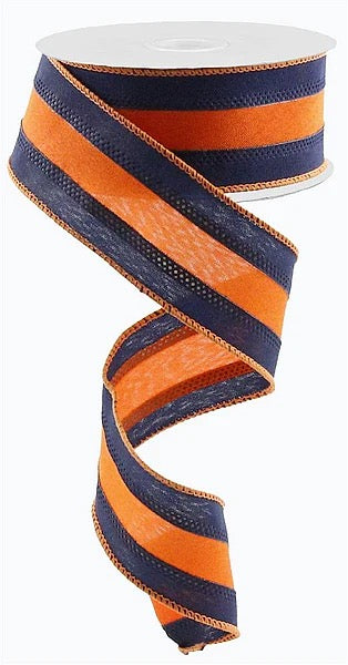 Wired Navy and Orange  Stripe Ribbon- 1.5”x10 Yards