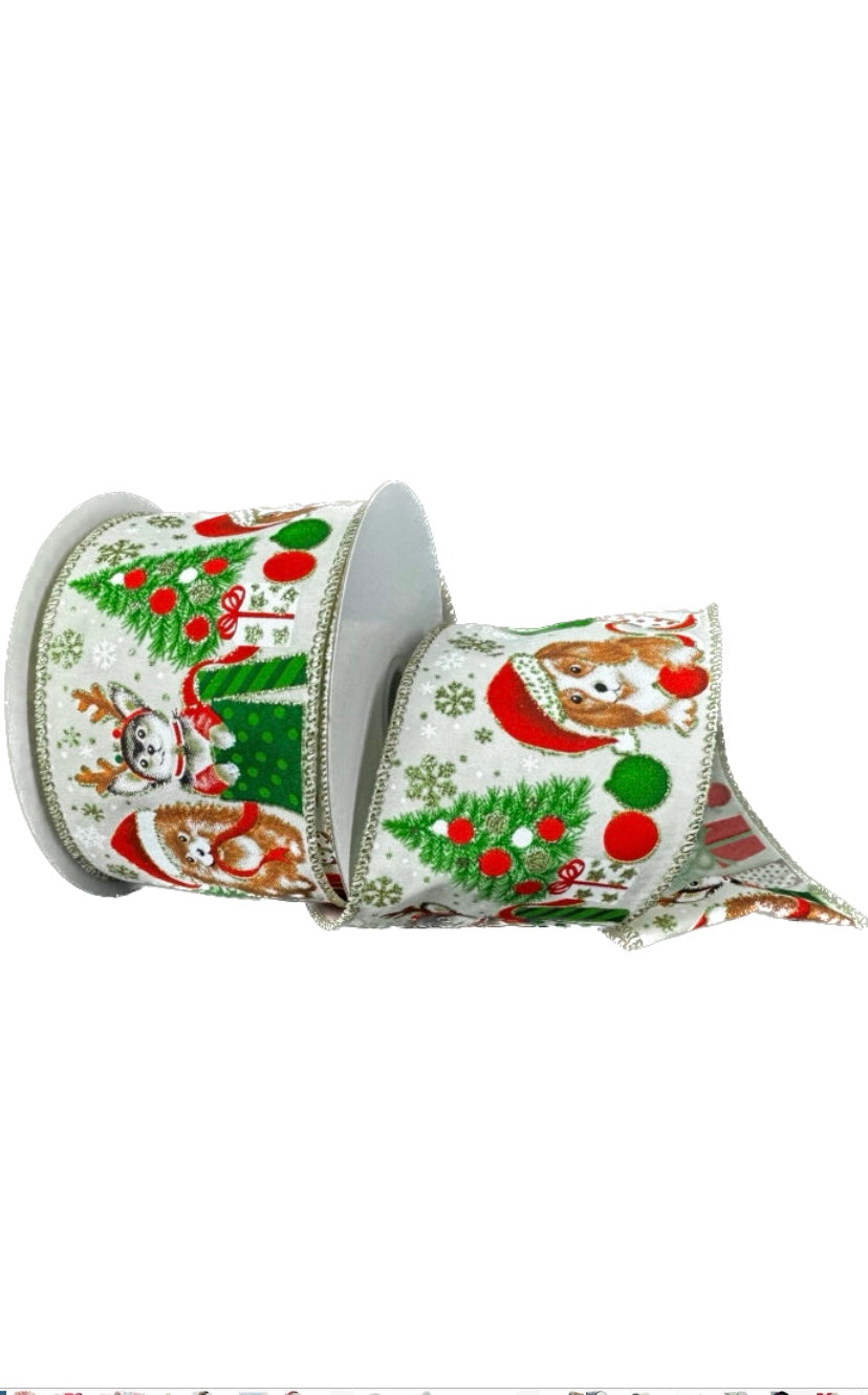 Wired Dogs Under Trees Christmas Ribbon- 2.5”x10 Yards