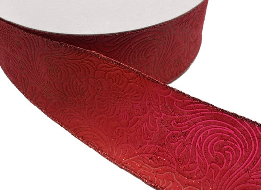 50 Yards - 2.5" Wired Red with Glitter Floral Design Embossed Ribbon