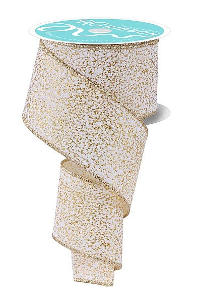 Wired White and Gold Irregular Spotted Glitter Ribbon- 2.5”x10 Yards