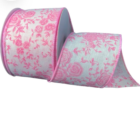 10 Yards - 2.5" Wired Pink Rose Floral Ribbon