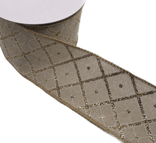 10 Yards - 2.5" Wired Natural Linen Gold Glitter Cross Diagonal Plaid Ribbon