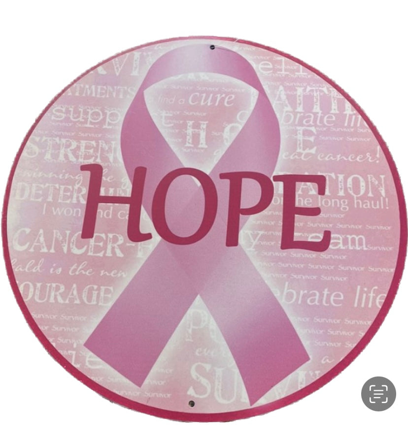 12" Round Metal Hope Breast Cancer Awareness Wreath Sign