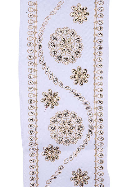 Wired White and Gold Deluxe Wavy Floral Ribbon-4”x10 Yards
