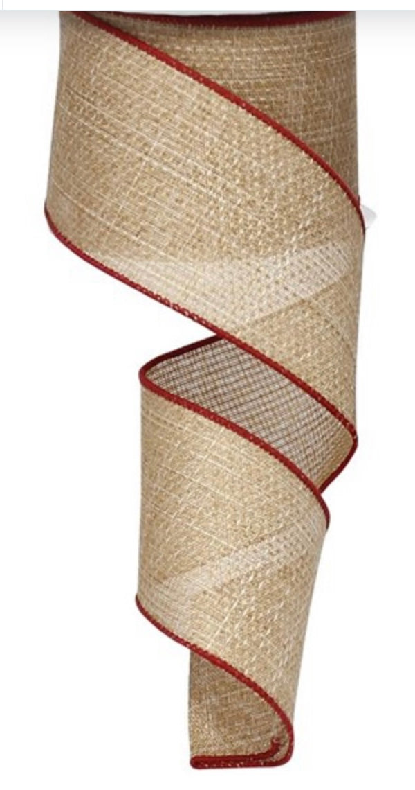 Wired Beige with Burgundy Edging Cross Royal Burlap Ribbon- 2.5”x10 Yards