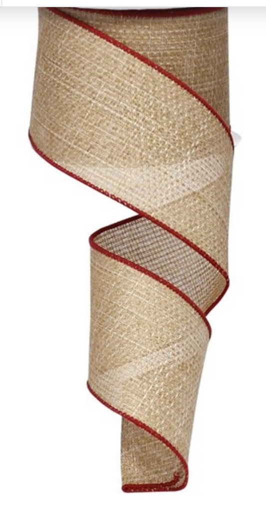 Wired Beige with Burgundy Edging Cross Royal Burlap Ribbon- 2.5”x10 Yards