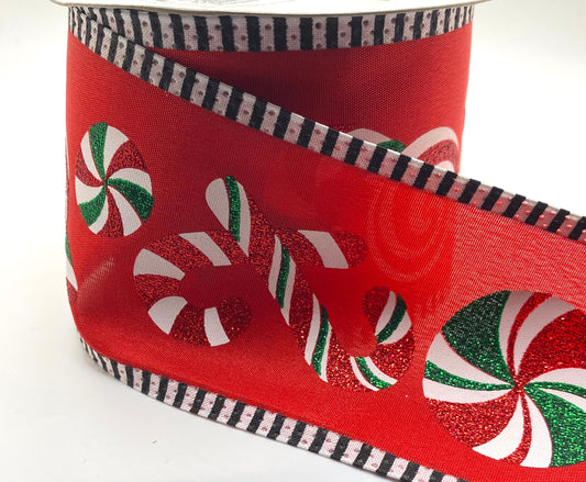 10 Yards - 2.5” Wired Hot Pink Satin Peppermint Candy Christmas Ribbon