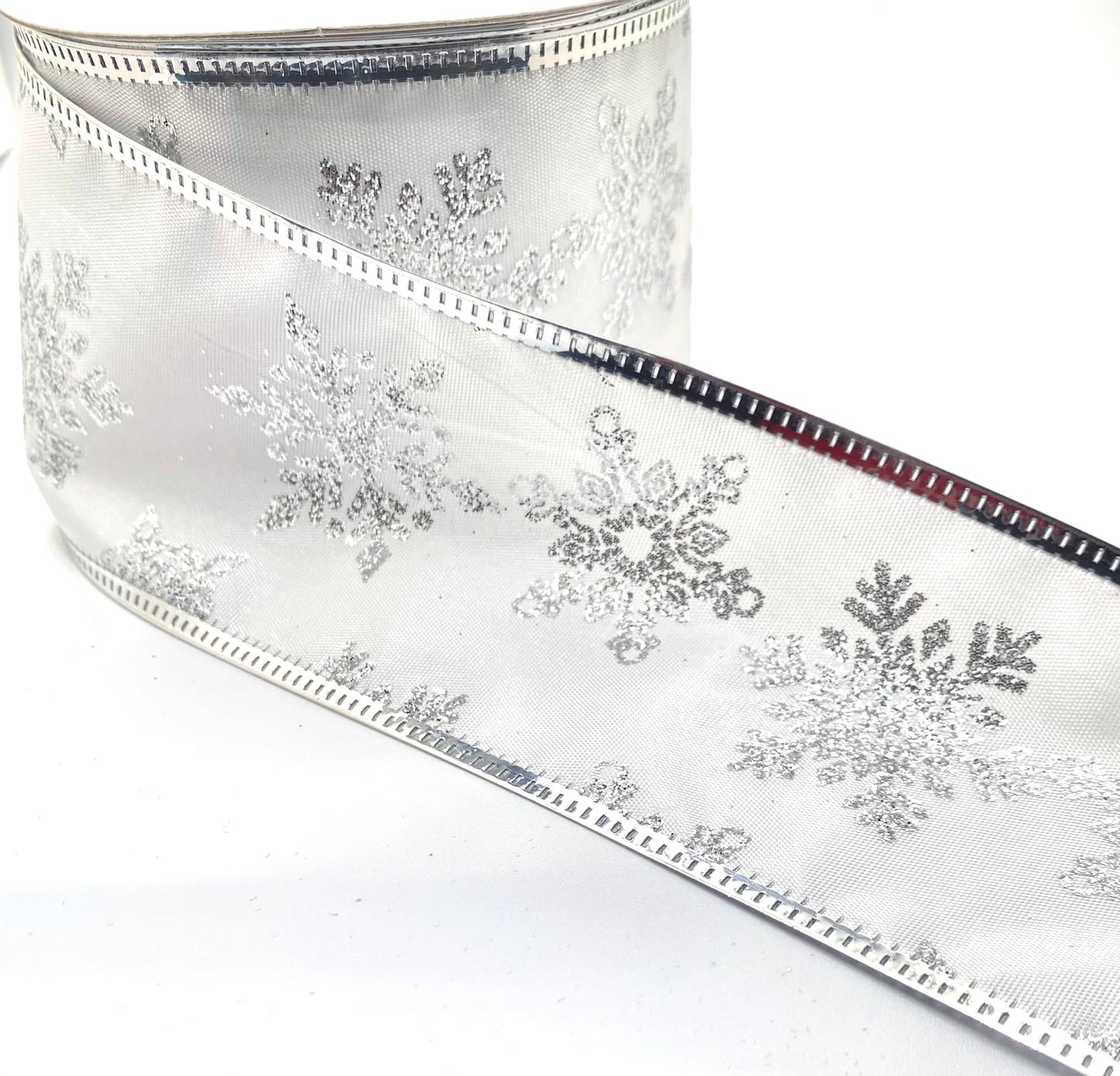 10 Yards - 2.5” Wired White Satin Silver Snowflakes Metal Trim Edge Ribbon