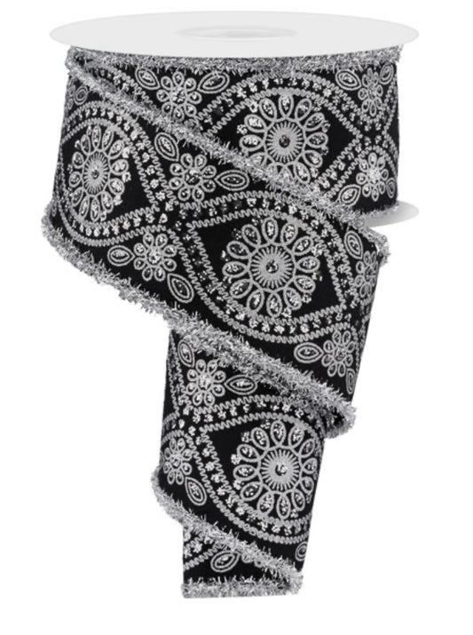 10 Yards - 2.5” Wired Black and Silver Deluxe Wavy Floral Tinsel Edge Ribbon