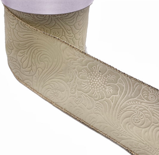10 Yards - 2.5” Wired Ivory with Metallic Edge Floral Embossed Ribbon
