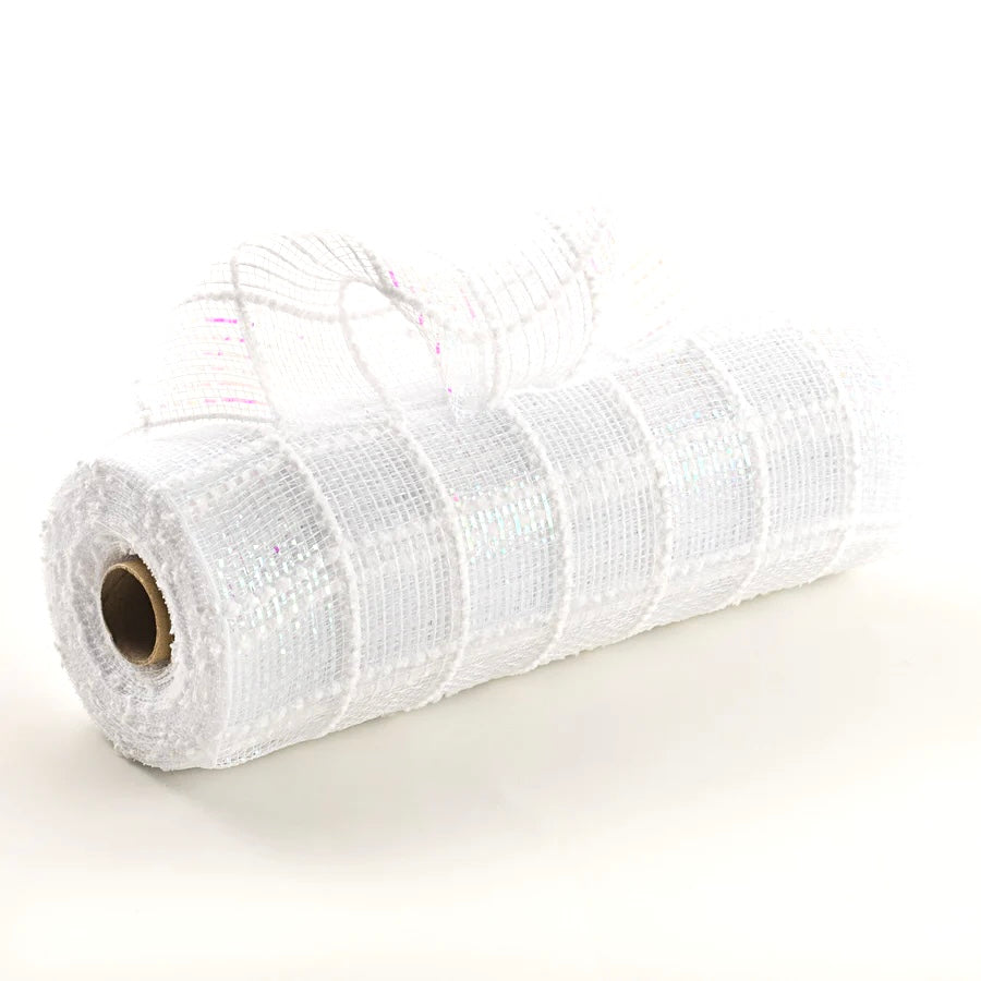 10 inch x 10 Yards White Iridescent Snow Check Mesh