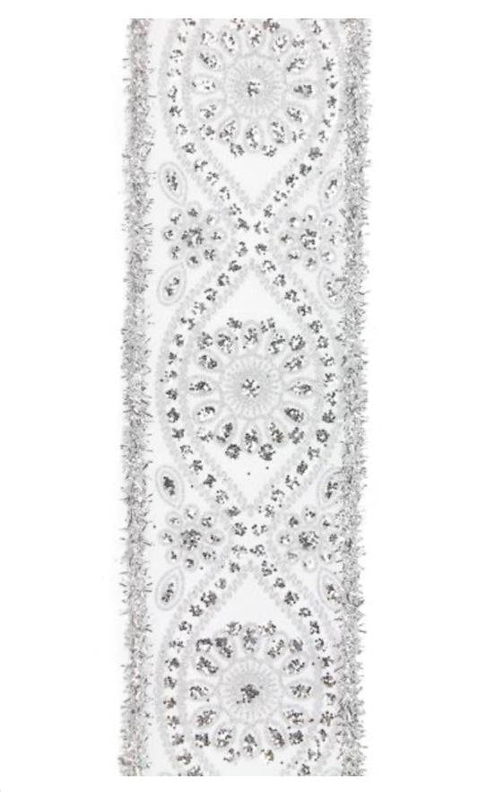 10 Yards - 2.5” Wired White and Silver Deluxe Wavy Floral Tinsel Edge Ribbon