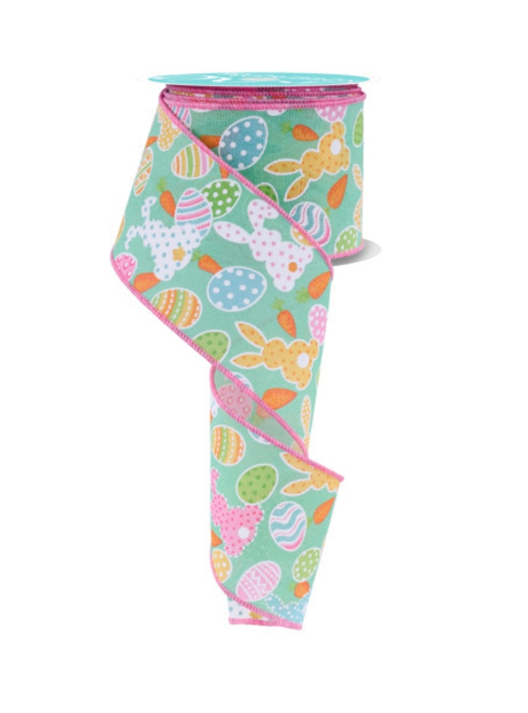 10 Yards - 2.5” Wired Mint Bunny Carrots and Eggs Ribbon