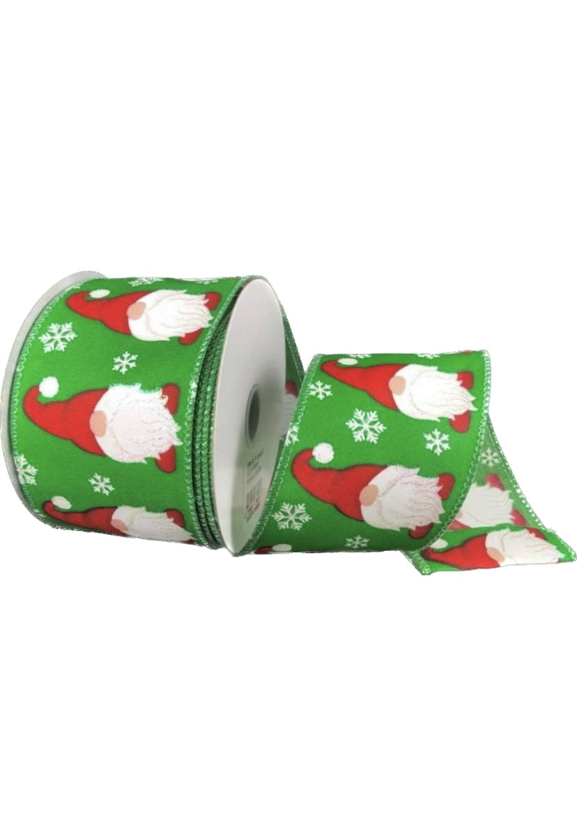 10 Yards - 2.5" Wired Green Background Winter Gnome Ribbon