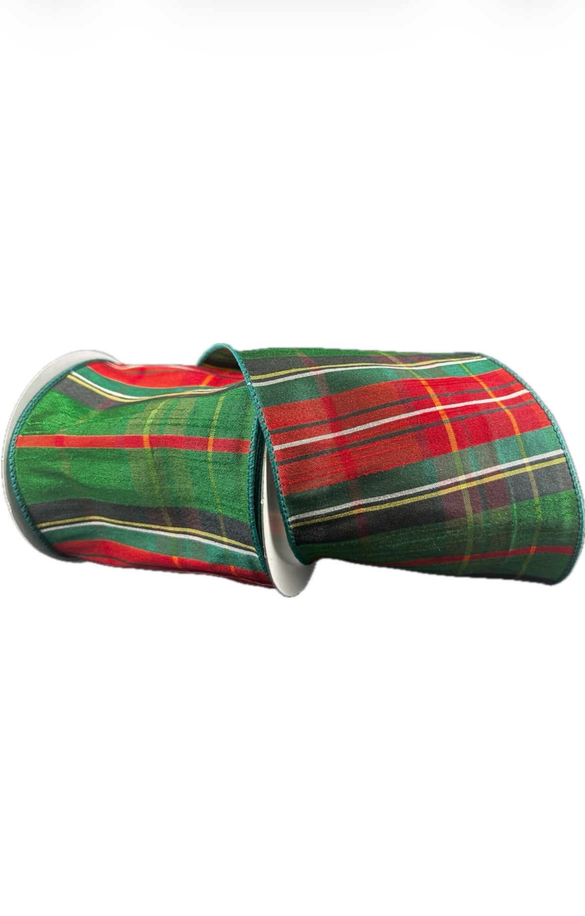 Wired Emerald Red Black Yellow Dupioni Tartan Ribbon- 4”x10” Yards