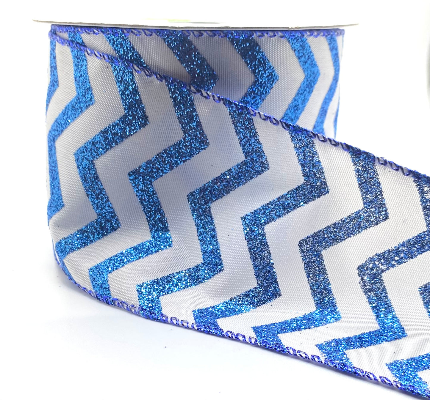 10 Yards - 2.5” Wired White and Blue Wavy Lines Satin Ribbon